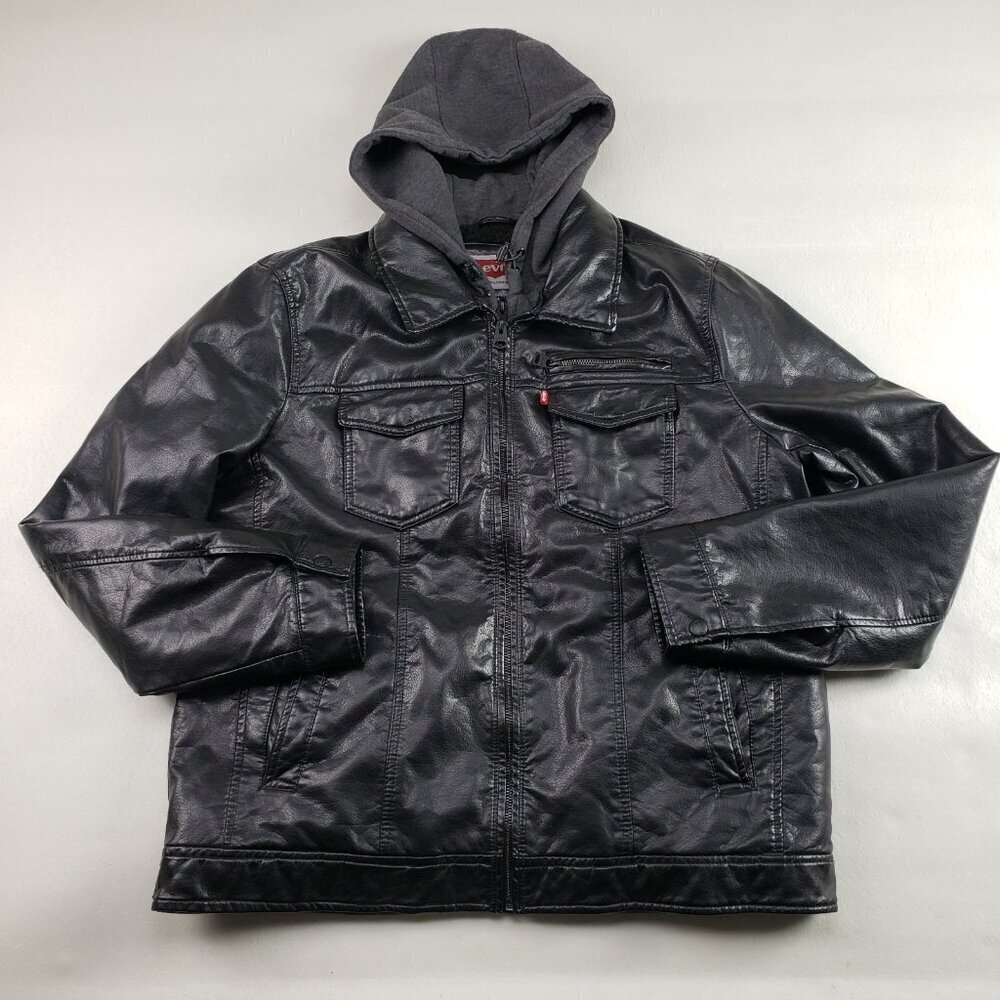 Levis Hooded Sherpa Trucker Jacket Mens Large Black Faux Leather Full Zip Lined